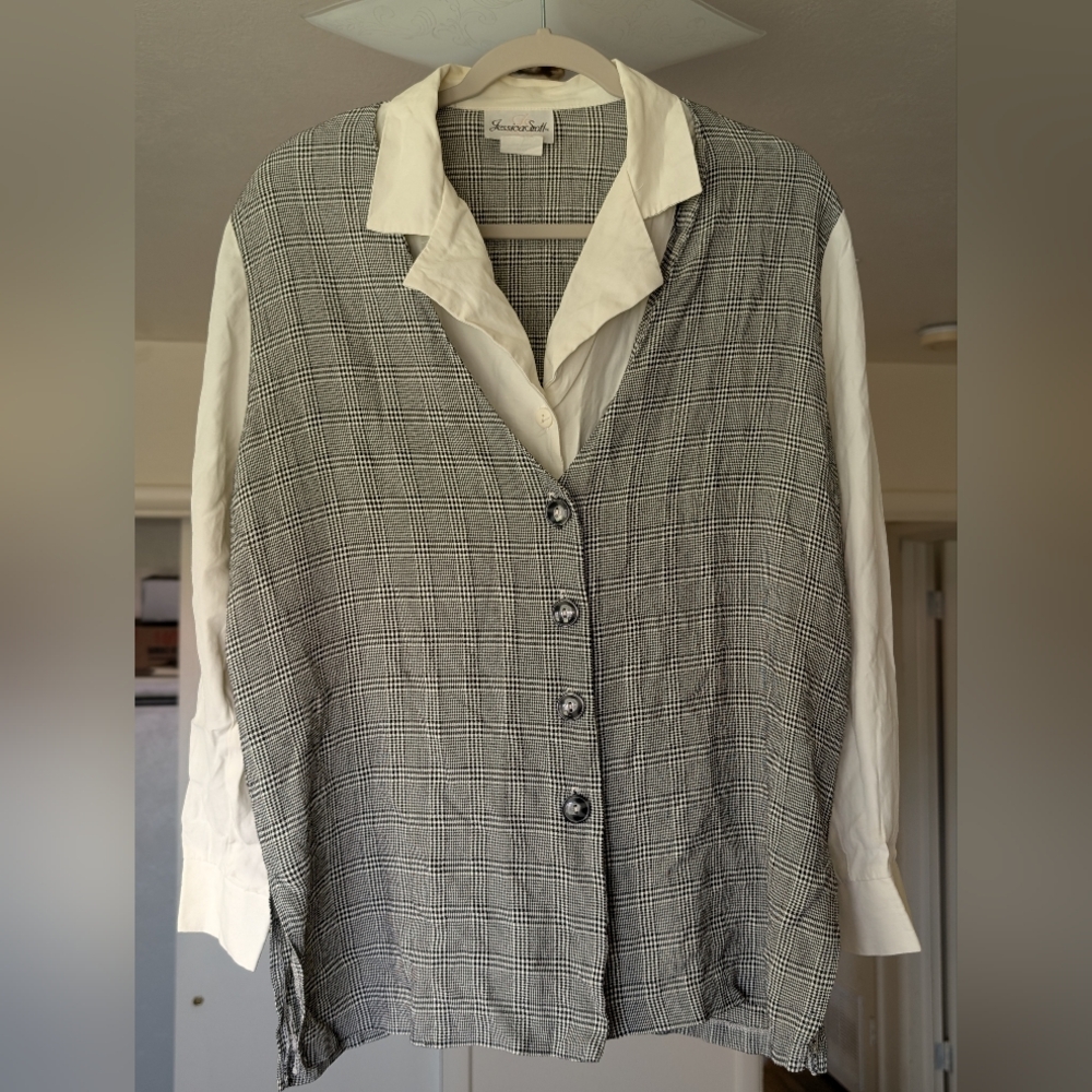 Jessica Scott 90s Black and White Plaid Button-Up Layered Blouse